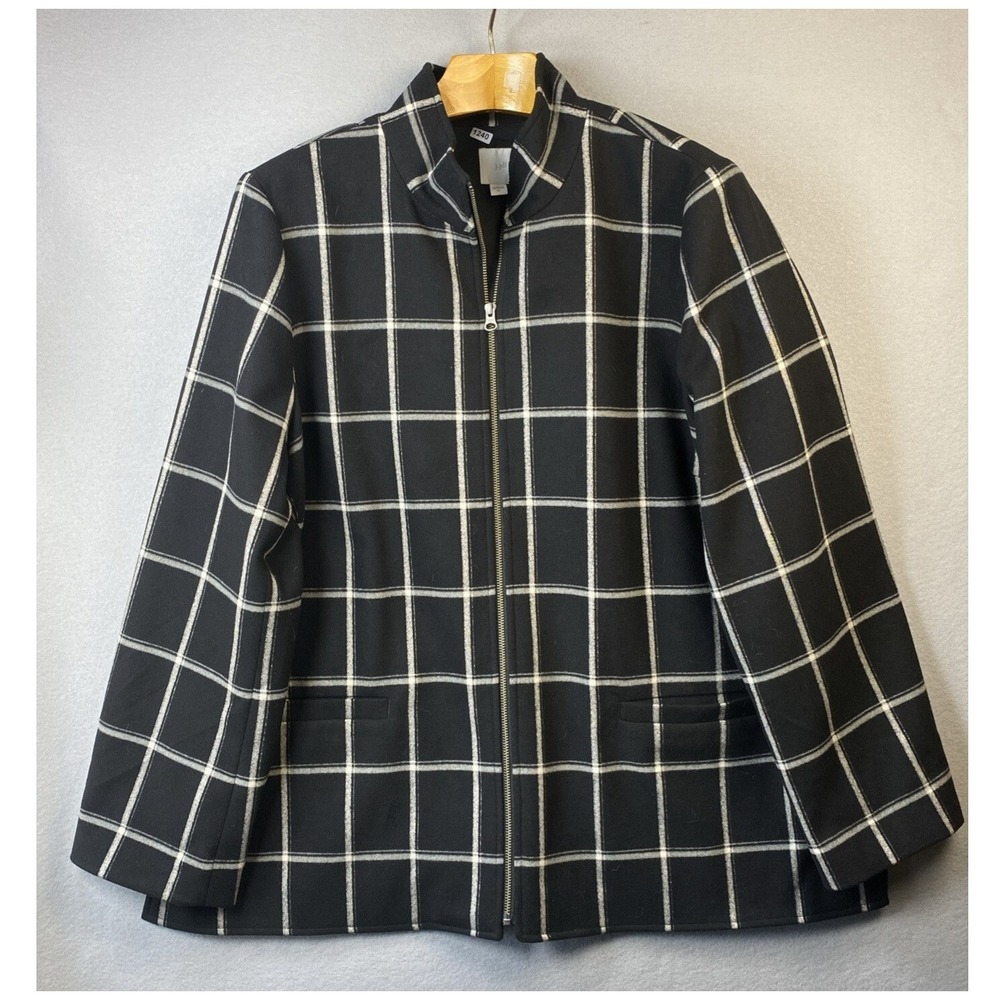 J. Jill Windowpane Plaid Jacket Women XL Black Upscale Luxurious Top‎ Mock Neck